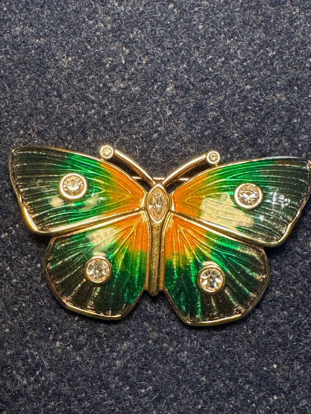 Swaroski Green Blue Yeall Enamel Butterfly Brooch Rhinestone Accents